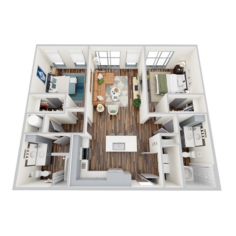 Floor plan for 2 beds, 2 baths, 1019 sqft